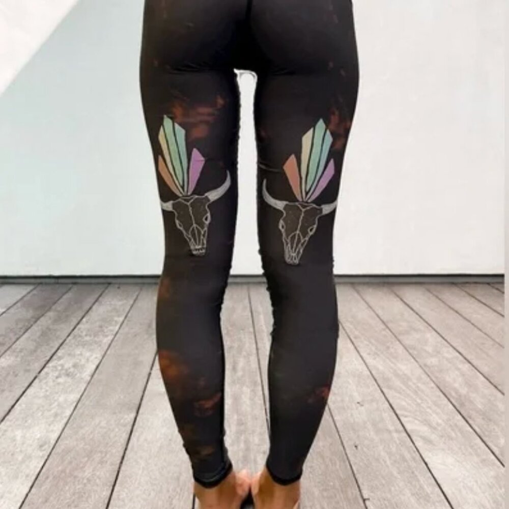 teeki Black Leggings with Pastel Crystal Bull Skull Detail